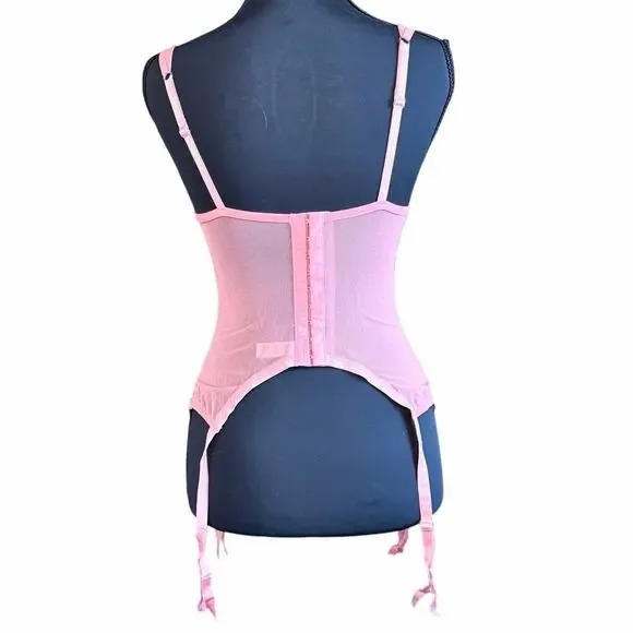 Vintage 1999 Victoria’s Secret Pink Lace Mesh Bustier Garter Top 36B soft girl - Picture 2 of 9